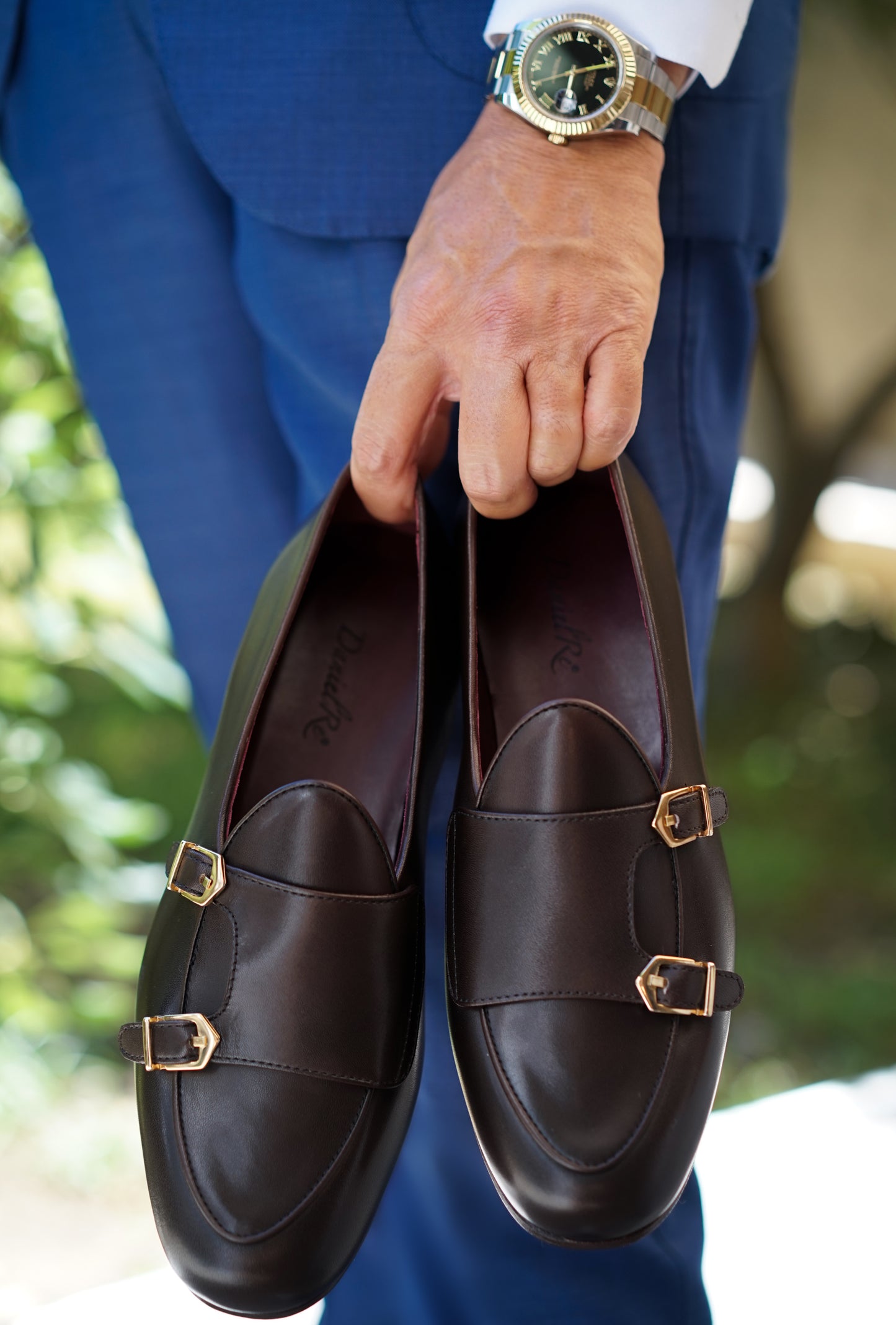 Calfskin Monk Strap Slippers Dark Brown