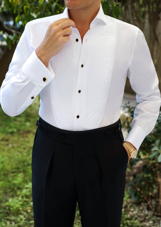 White Plissè Tuxedo Shirt