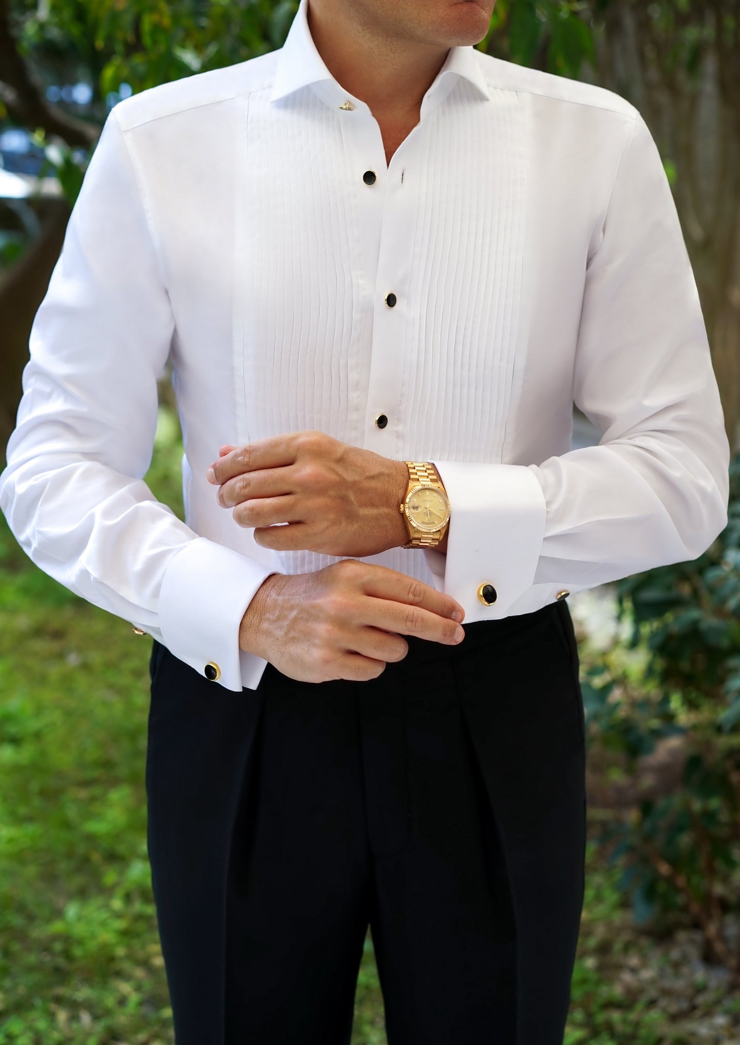 White Plissè Tuxedo Shirt